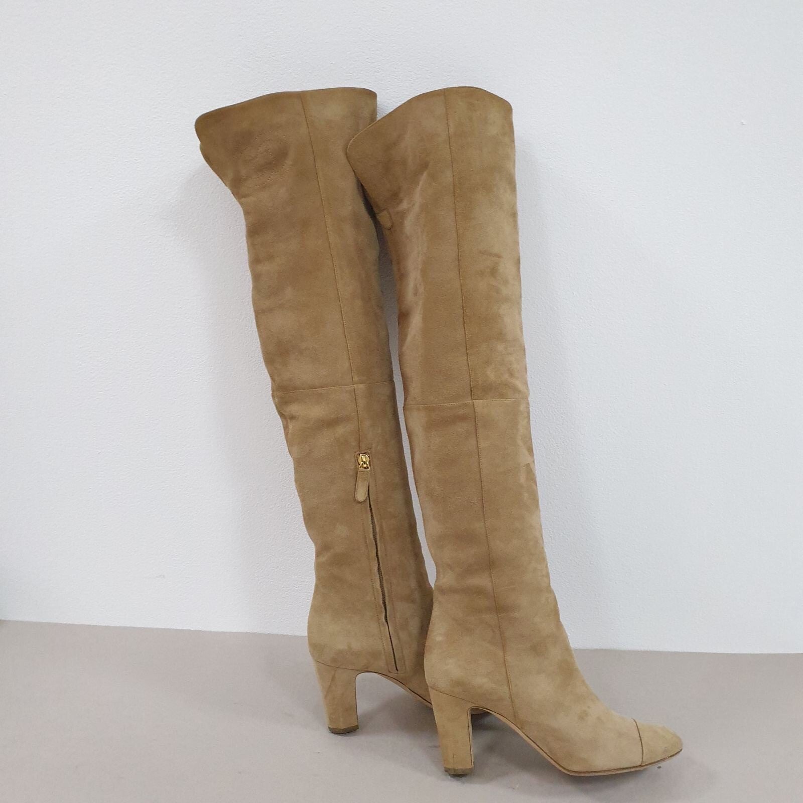 CHANEL Beige Suede Cap Toe CC Thigh High Over The Knee Tall Boots Sz. 38.5