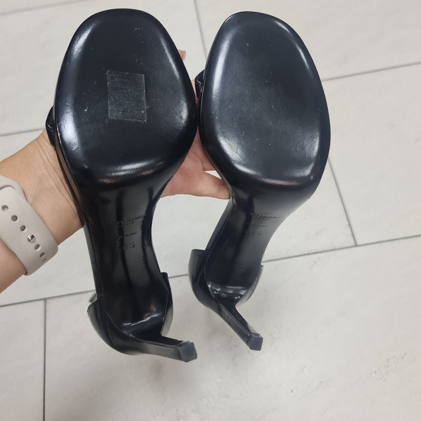 NWOB Saint Laurent Black Leather Heeled Sandals Sz.38.5