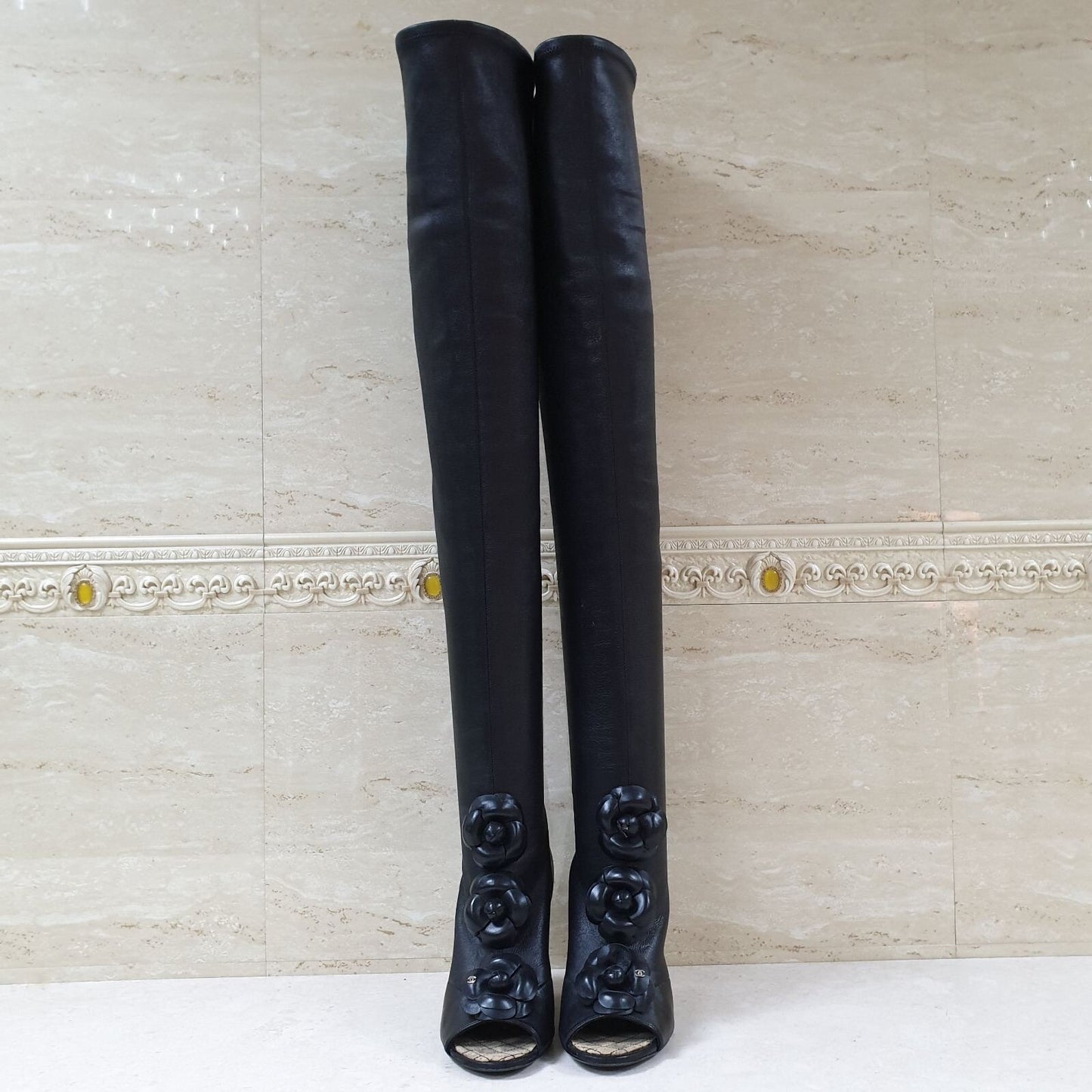 Chanel Black Leather Camellia Wedge Over The Knee Boots  Sz. 37