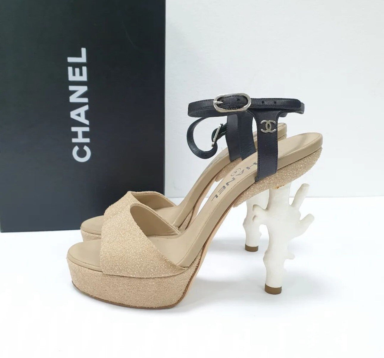 CHANEL 2012 BEIGE SAND CORAL HEEL SANDALS  Sz.37