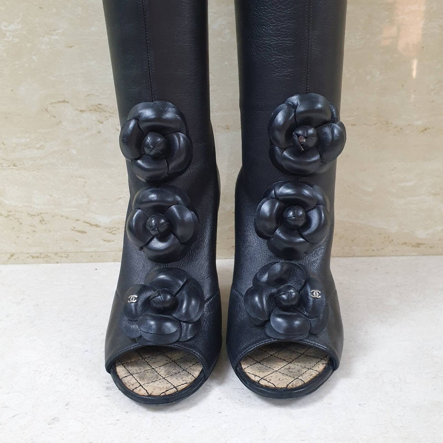 Chanel Black Leather Camellia Wedge Over The Knee Boots  Sz. 37