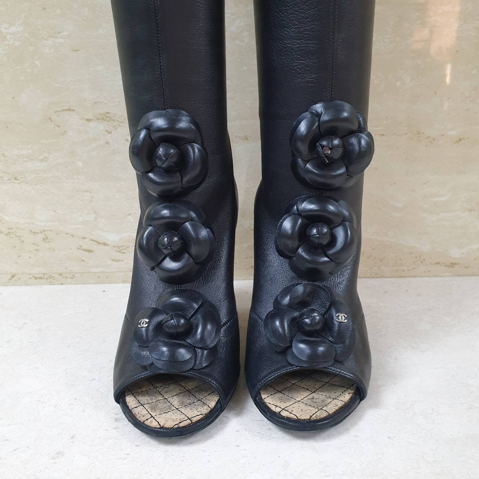Chanel Black Leather Camellia Wedge Over The Knee Boots  Sz. 37