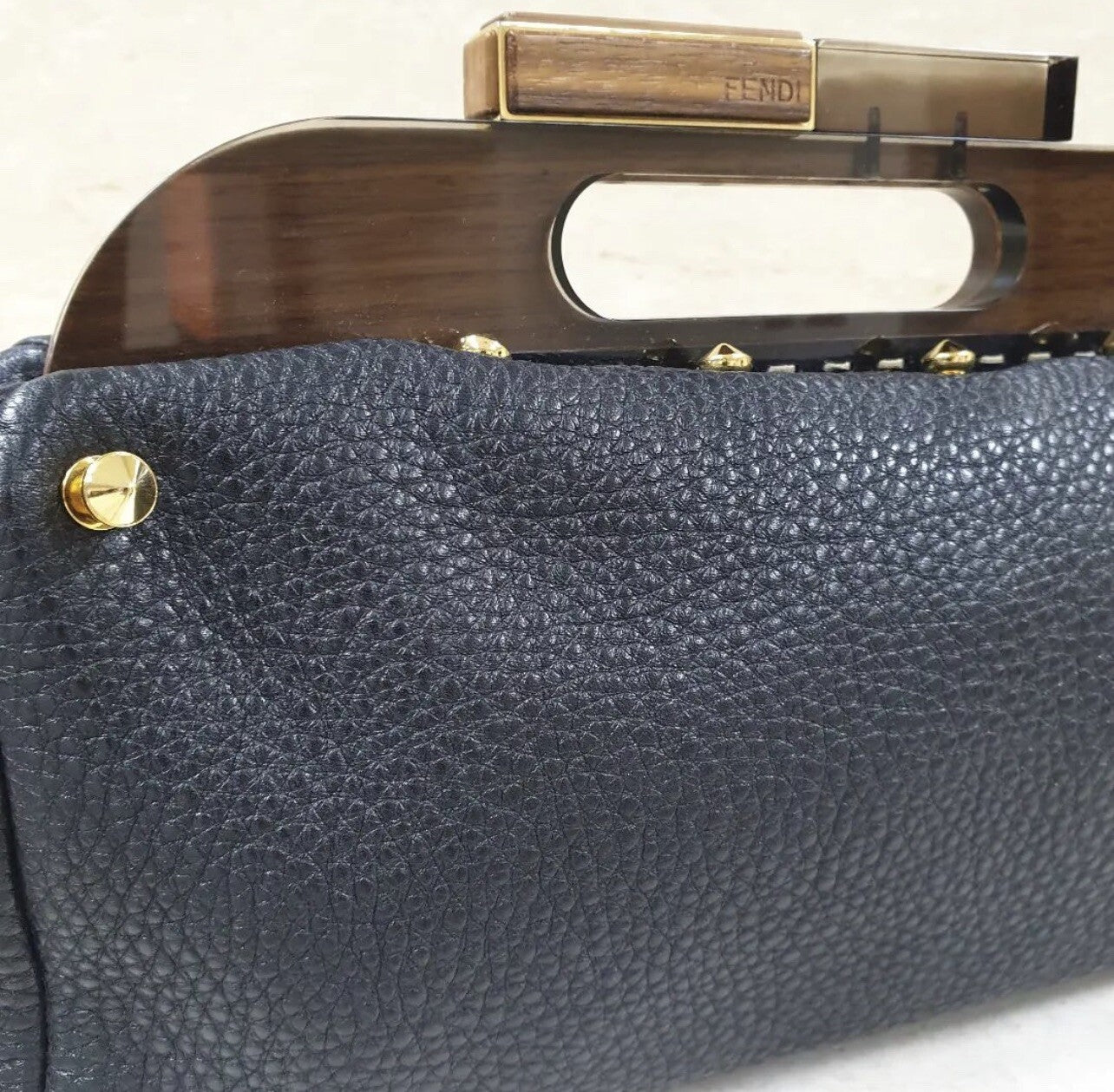 Fendi Black Leather Walnut Wood Handle Clutch Bag