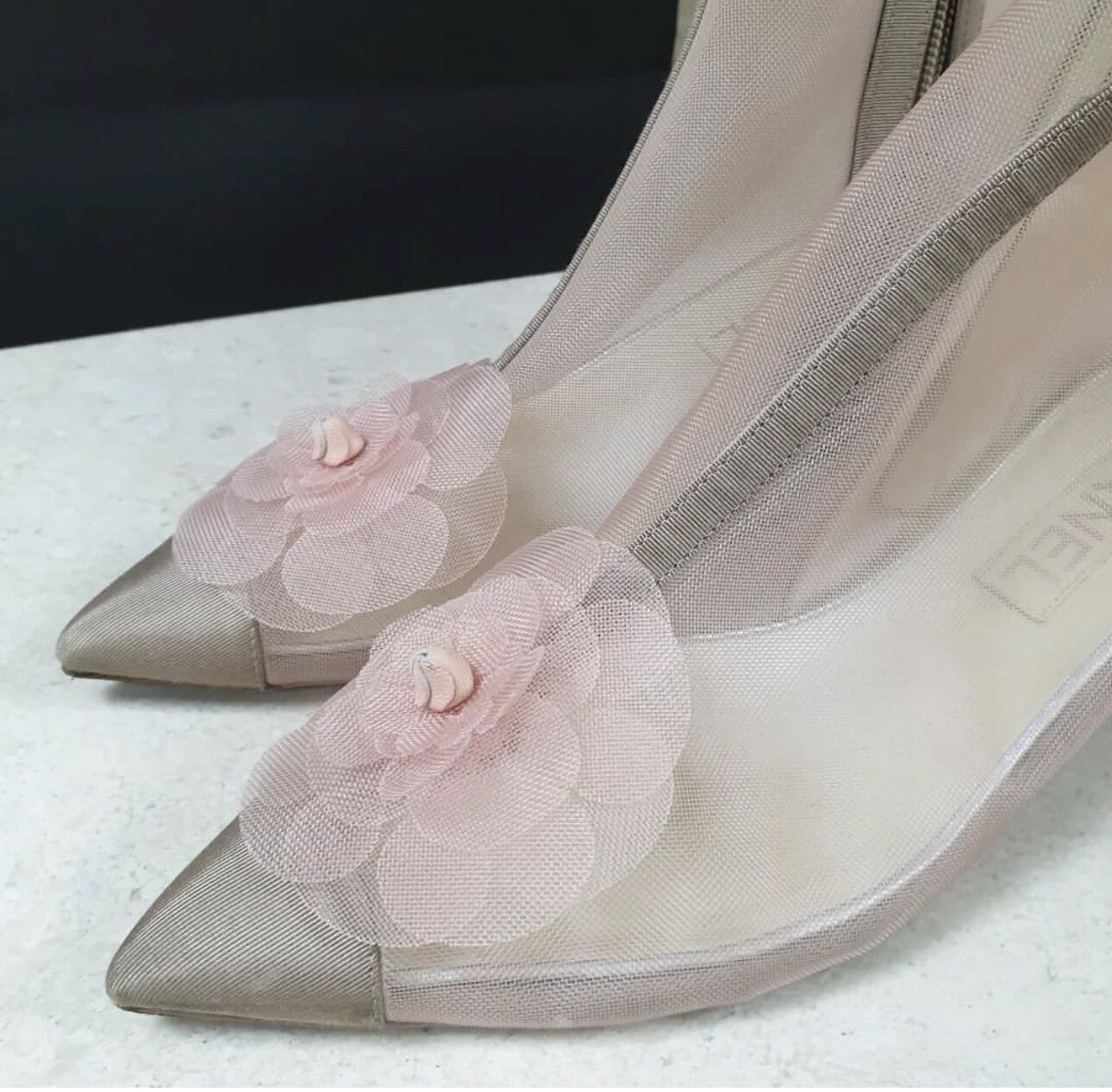 Chanel Pink Mesh and Grosgrain Flower Cap Toe Short Booties sz.38