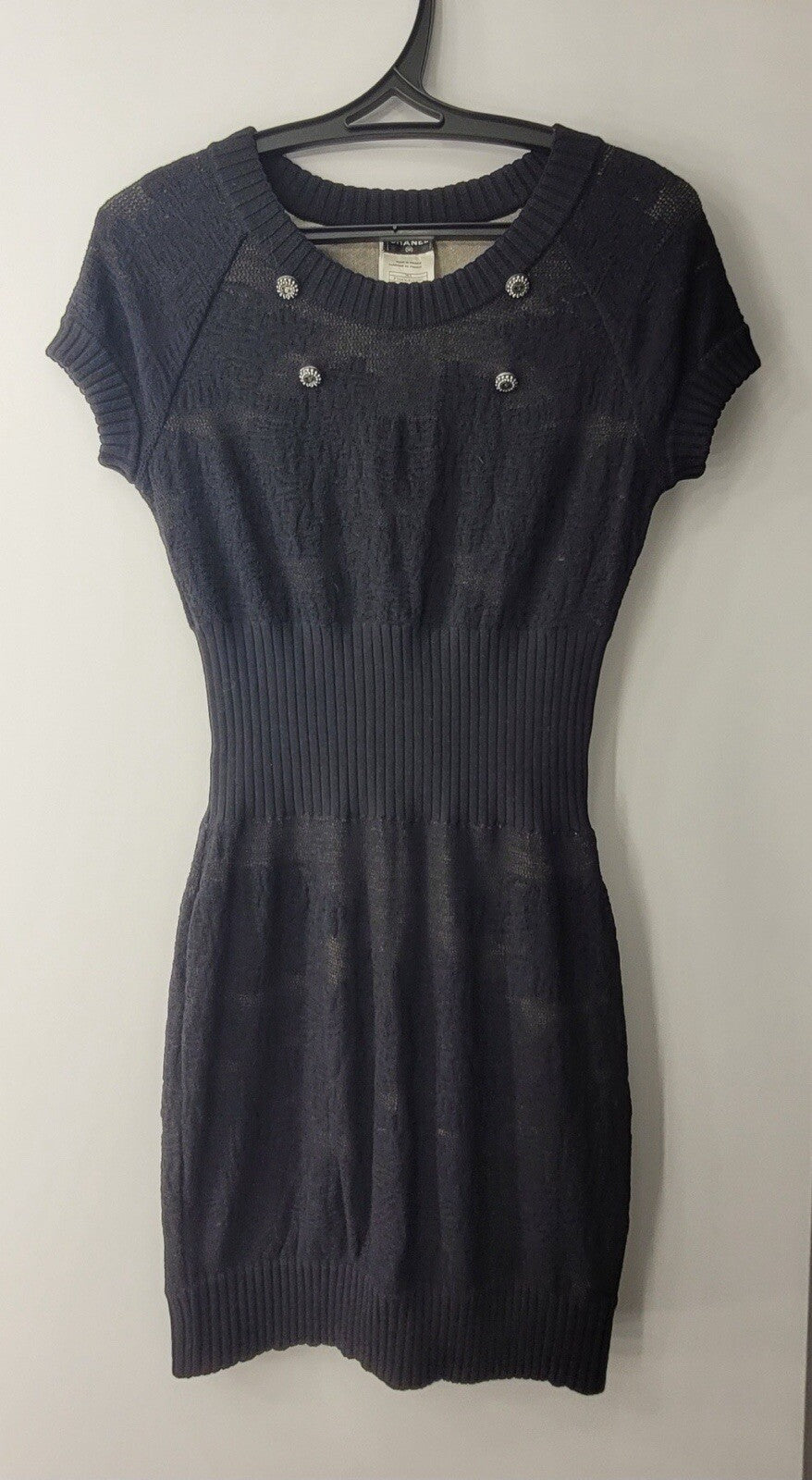 Chanel Black Knit Short Sleeve CC Button Mini Dress Sz.40