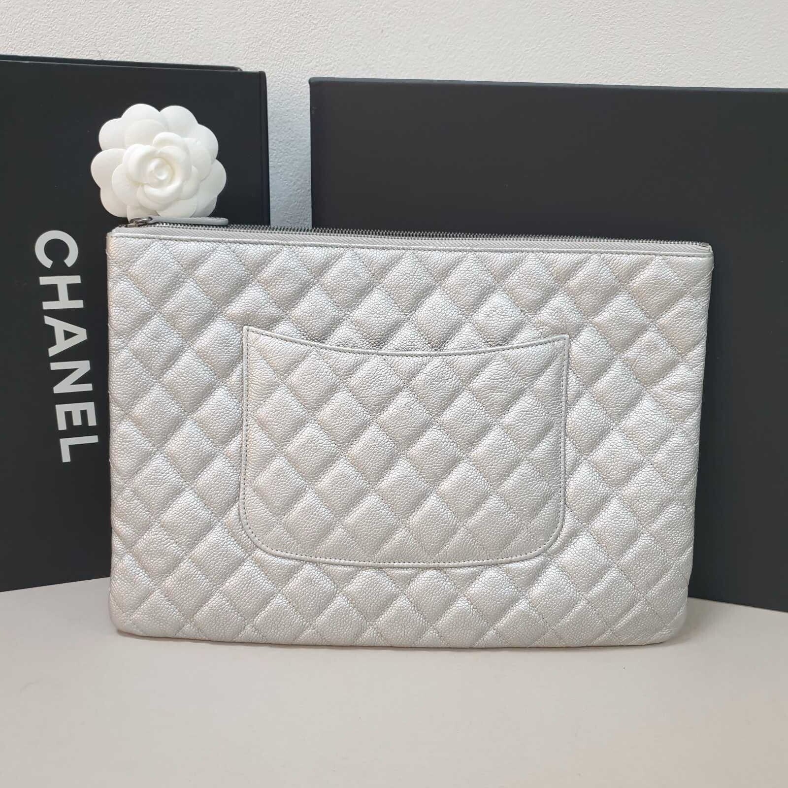 Chanel Silver Grain Leather Clutch Bag