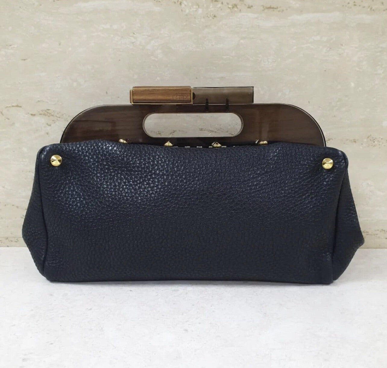 Fendi Black Leather Walnut Wood Handle Clutch Bag