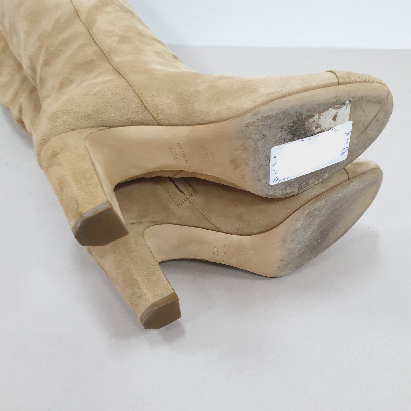CHANEL Beige Suede Cap Toe CC Thigh High Over The Knee Tall Boots Sz. 38.5