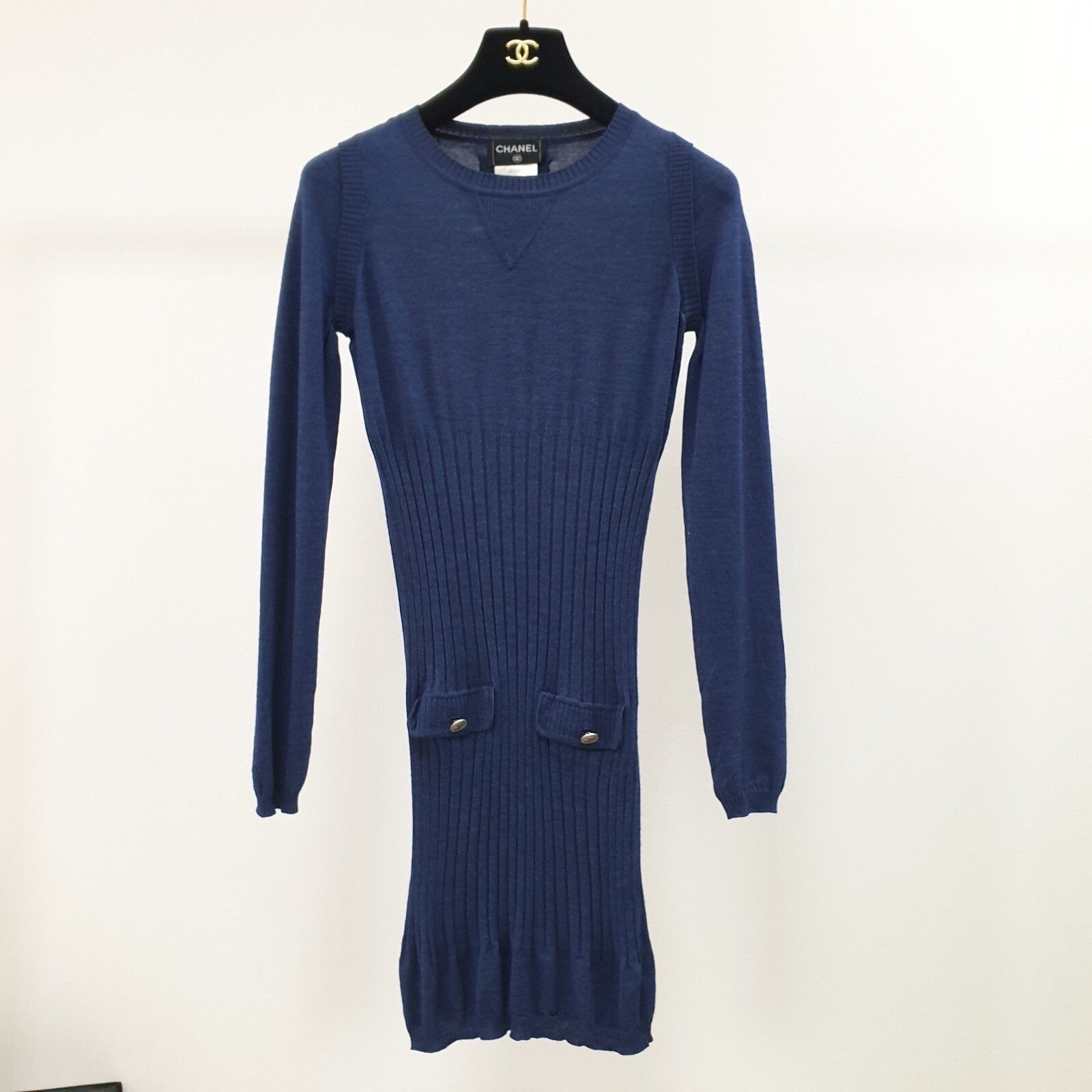 Chanel Navy Long Sleeve Knit Dress  Sz.36