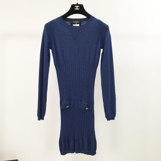 Chanel Navy Long Sleeve Knit Dress  Sz.36