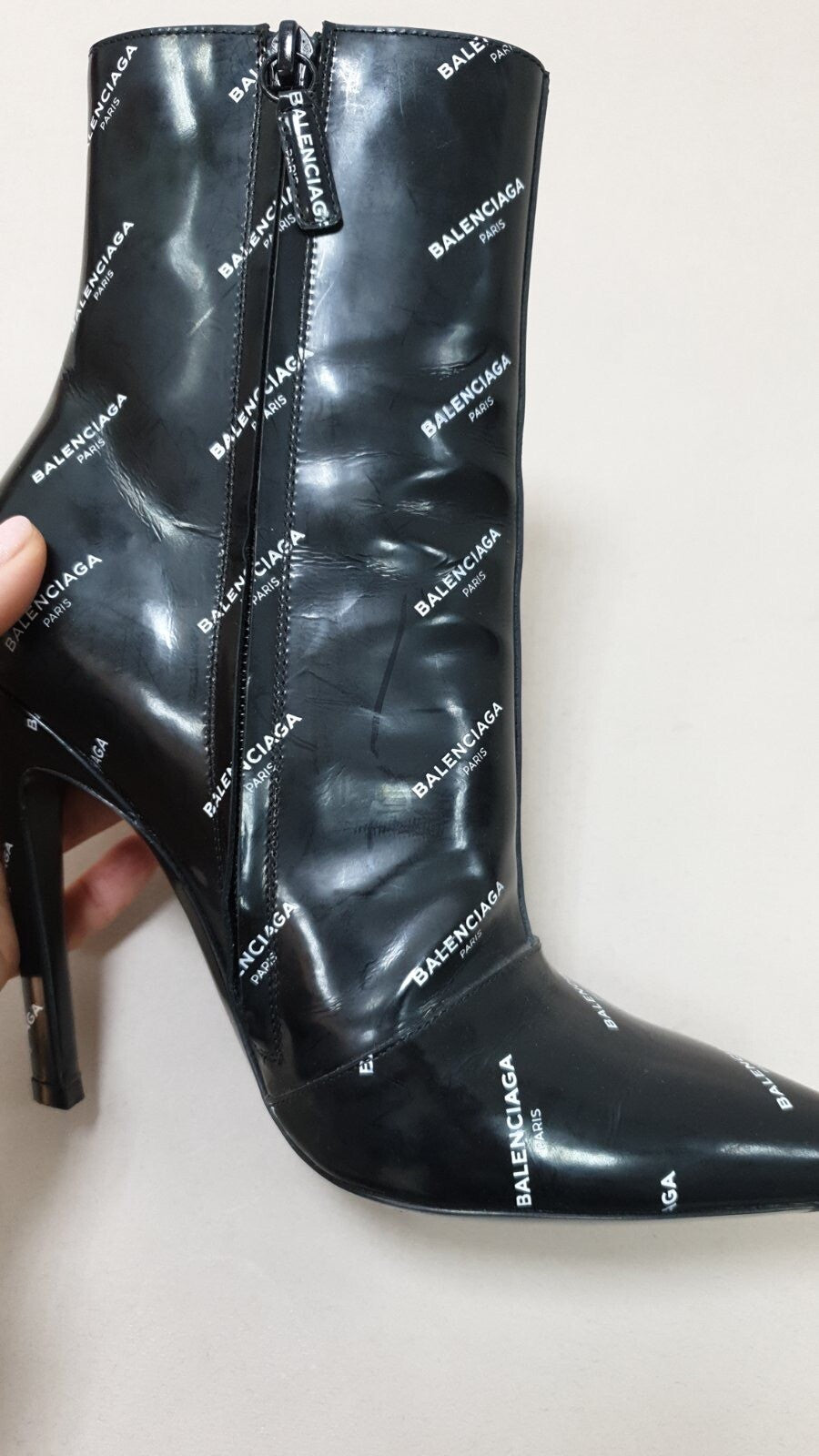 Balenciaga Knife Black Patent Leather Logo Print Booties  Sz.38