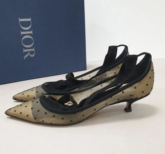 Christian Dior Black Mesh Suede D Polka Dot Pumps sz.38