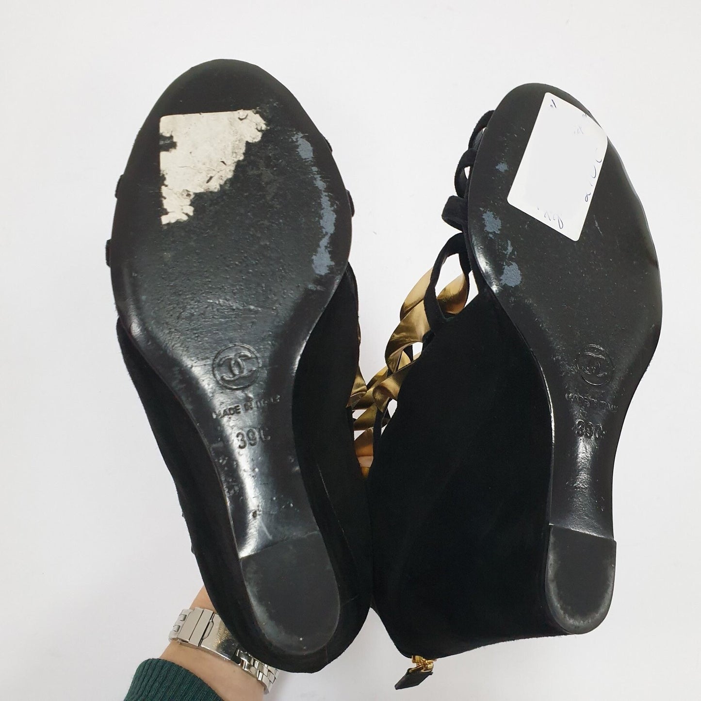 ChanelGold Black Suede Wadge Sandals Sz.39