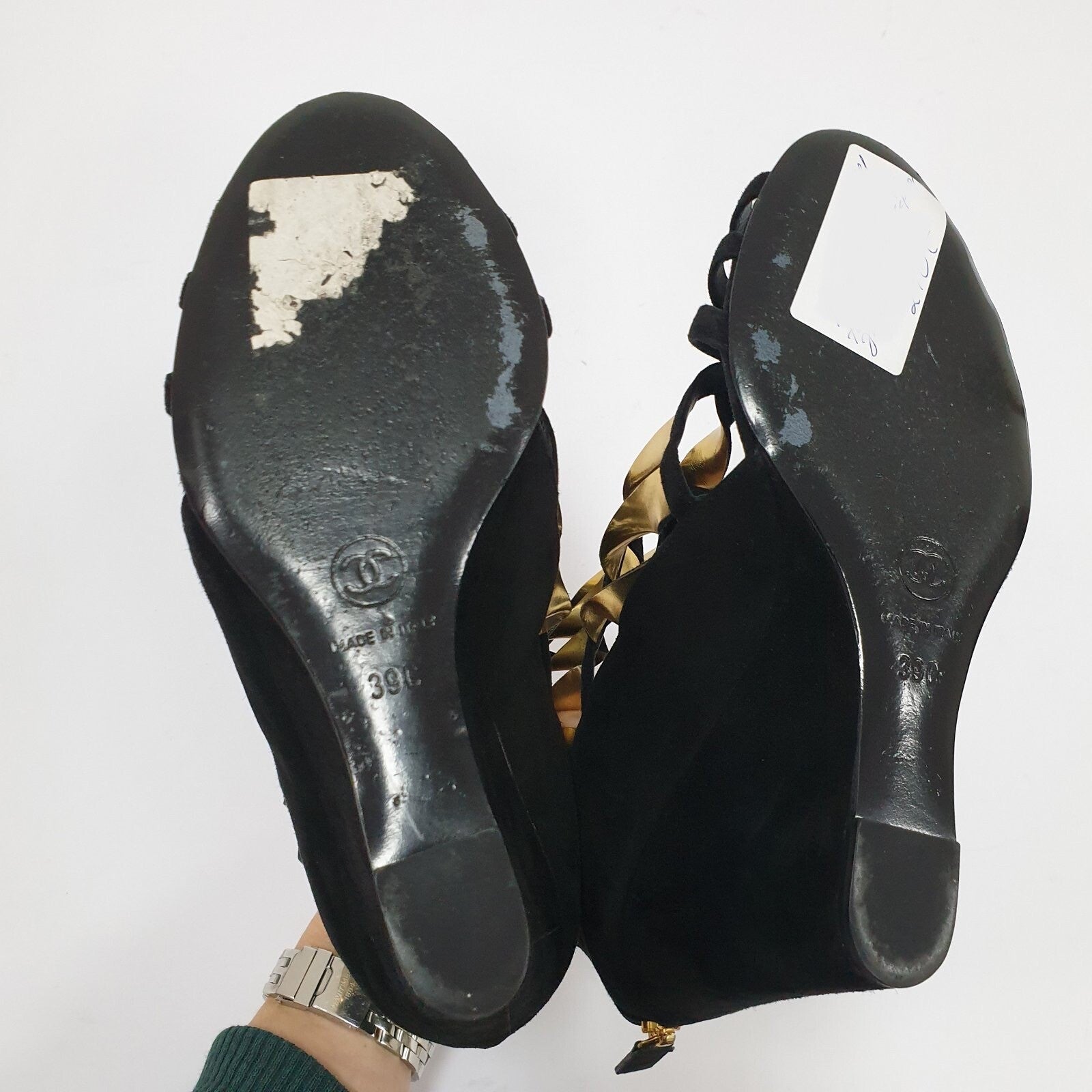 ChanelGold Black Suede Wadge Sandals Sz.39