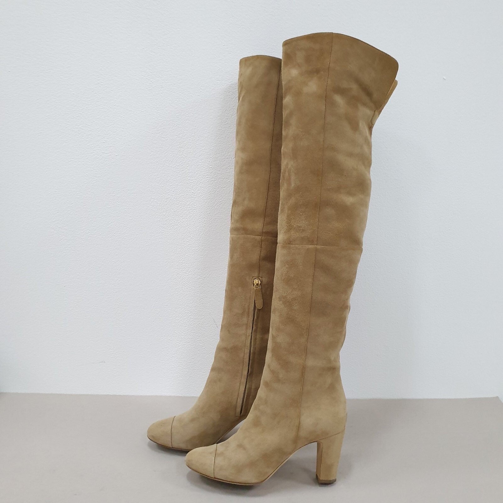 CHANEL Beige Suede Cap Toe CC Thigh High Over The Knee Tall Boots Sz. 38.5