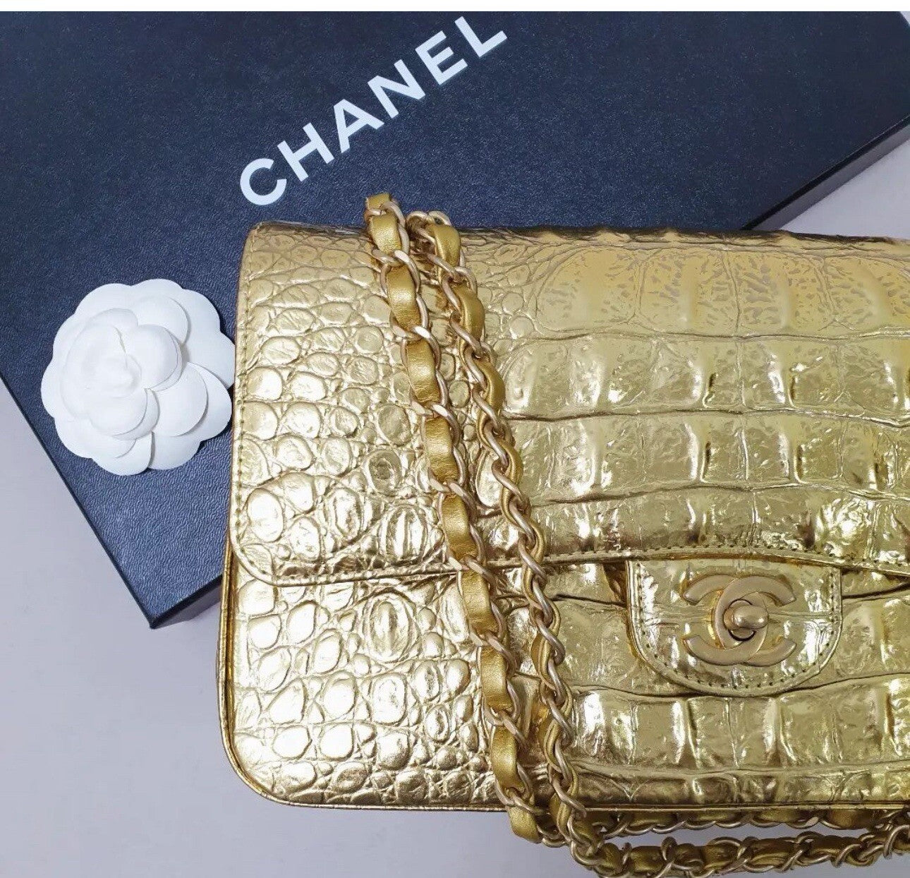 Chanel Gold Croco Embossed Double Flap  Shoulder Bag