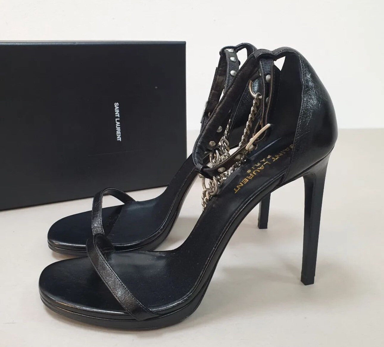NWOB Saint Laurent Black Leather Heeled Sandals Sz.38.5