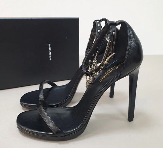 NWOB Saint Laurent Black Leather Heeled Sandals Sz.38.5