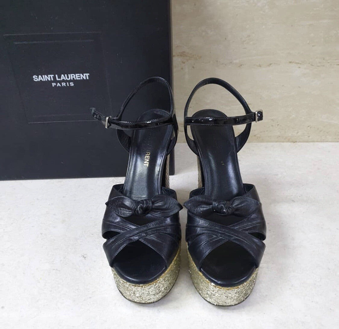Saint Laurent Black Leather Python Heeled Platform Sandals Sz.36