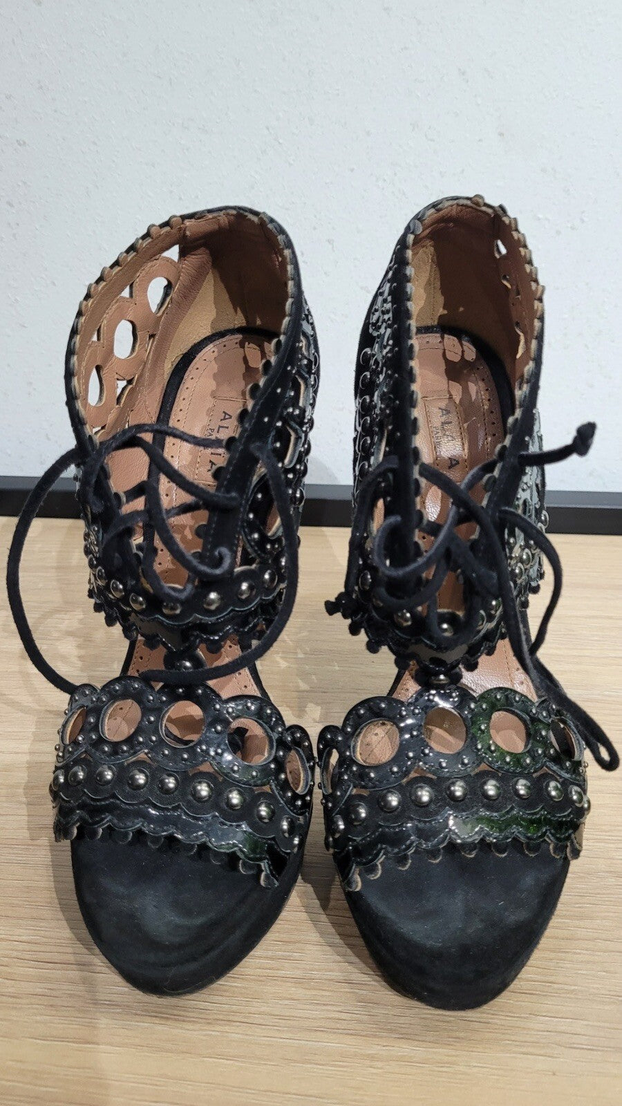 ALAIA Black Laser Cut Leather Suede Studs Platform Heels Sandals sz.38