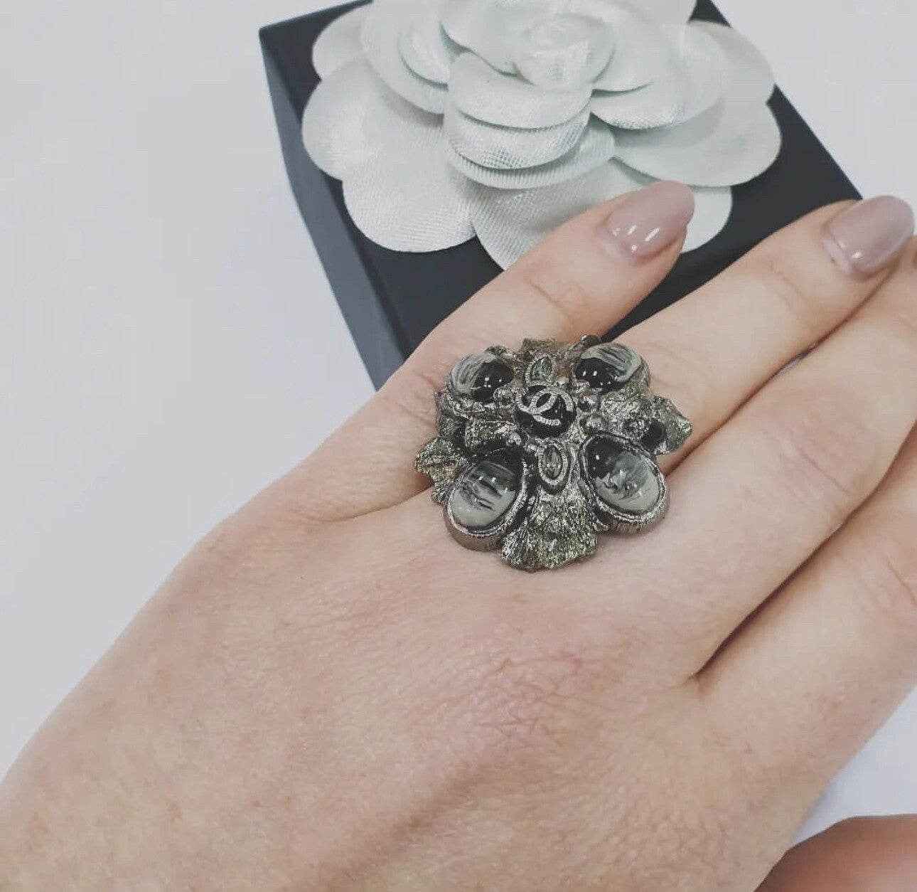 Chanel Metal and Brown Enamel CC Ring