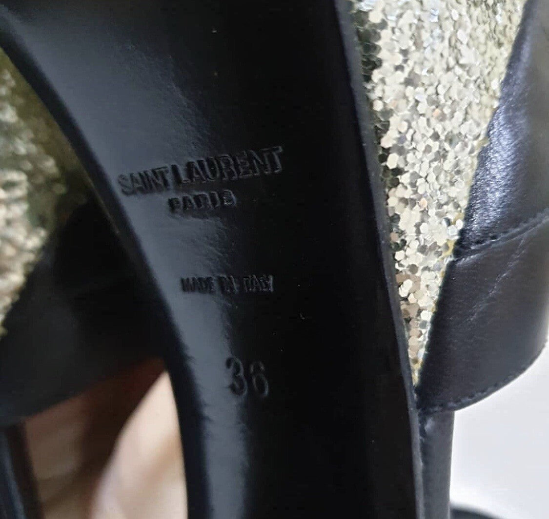 Saint Laurent Black Leather Python Heeled Platform Sandals Sz.36