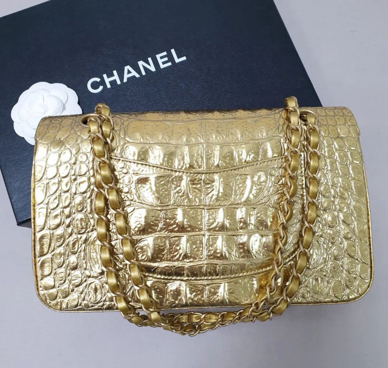 Chanel Gold Croco Embossed Double Flap  Shoulder Bag