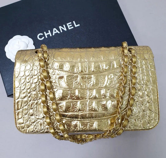 Chanel Gold Croco Embossed Double Flap  Shoulder Bag