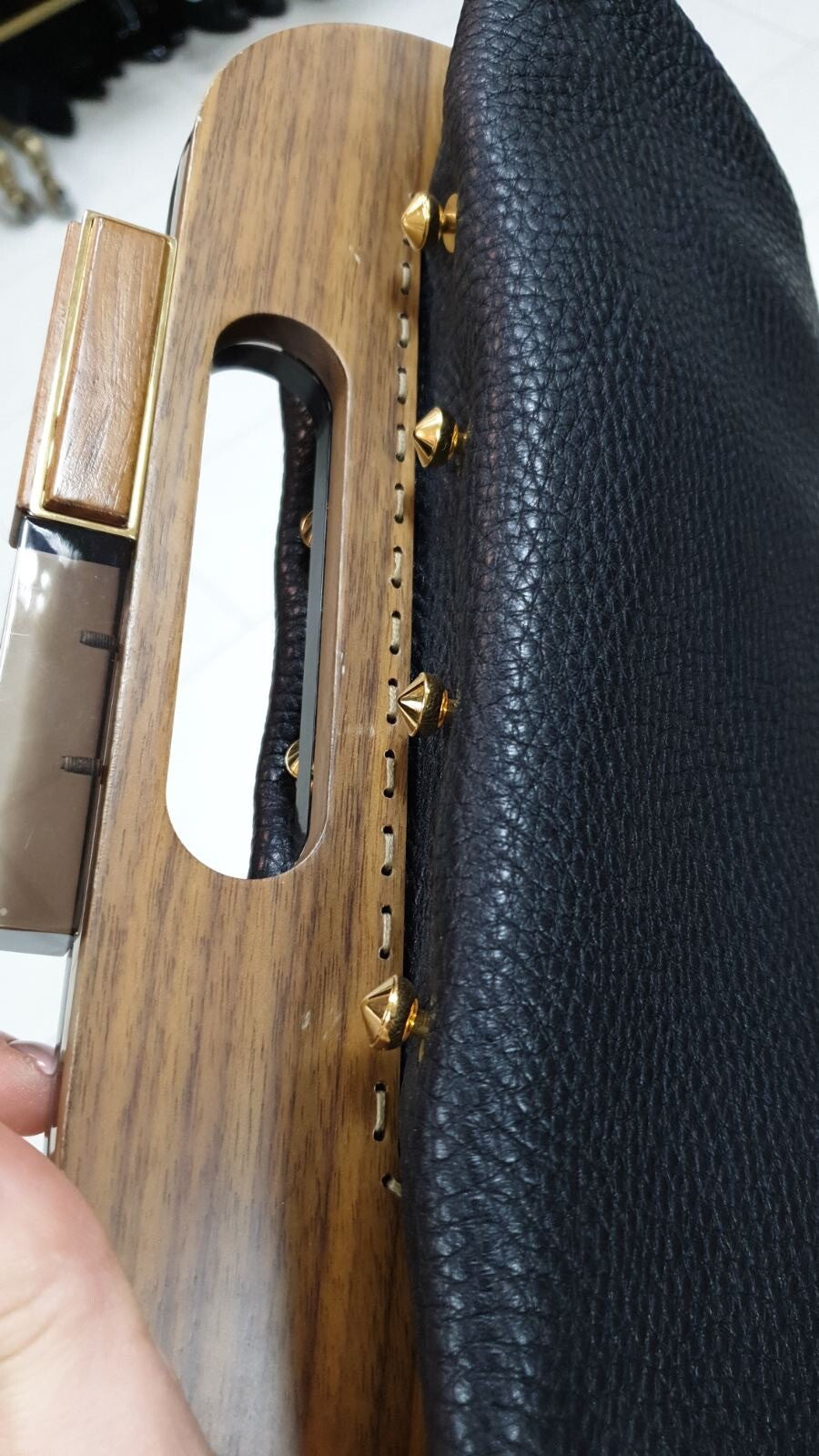Fendi Black Leather Walnut Wood Handle Clutch Bag