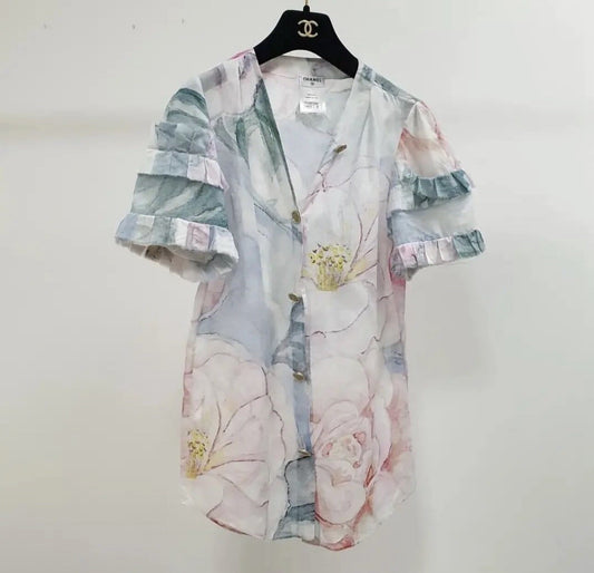 Chanel Multicolor Floral Print Ruffle Cotton Blouse Sz.40