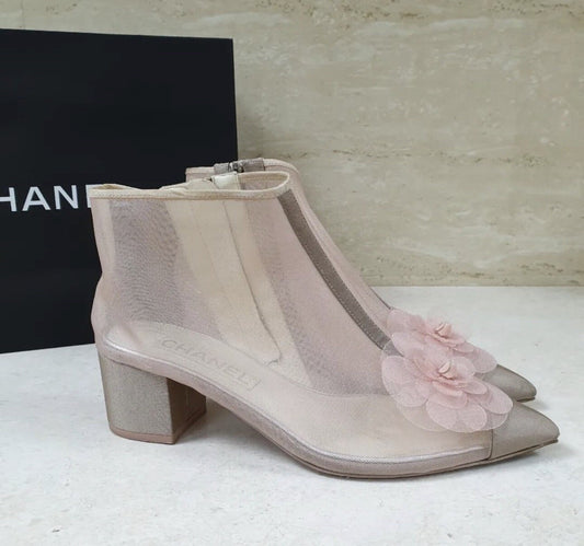 Chanel Pink Mesh and Grosgrain Flower Cap Toe Short Booties sz.38