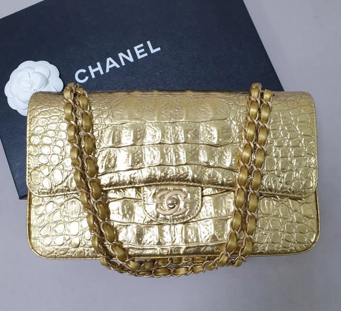 Chanel Gold Croco Embossed Double Flap  Shoulder Bag