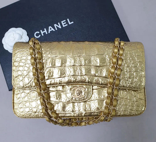 Chanel Gold Croco Embossed Double Flap  Shoulder Bag