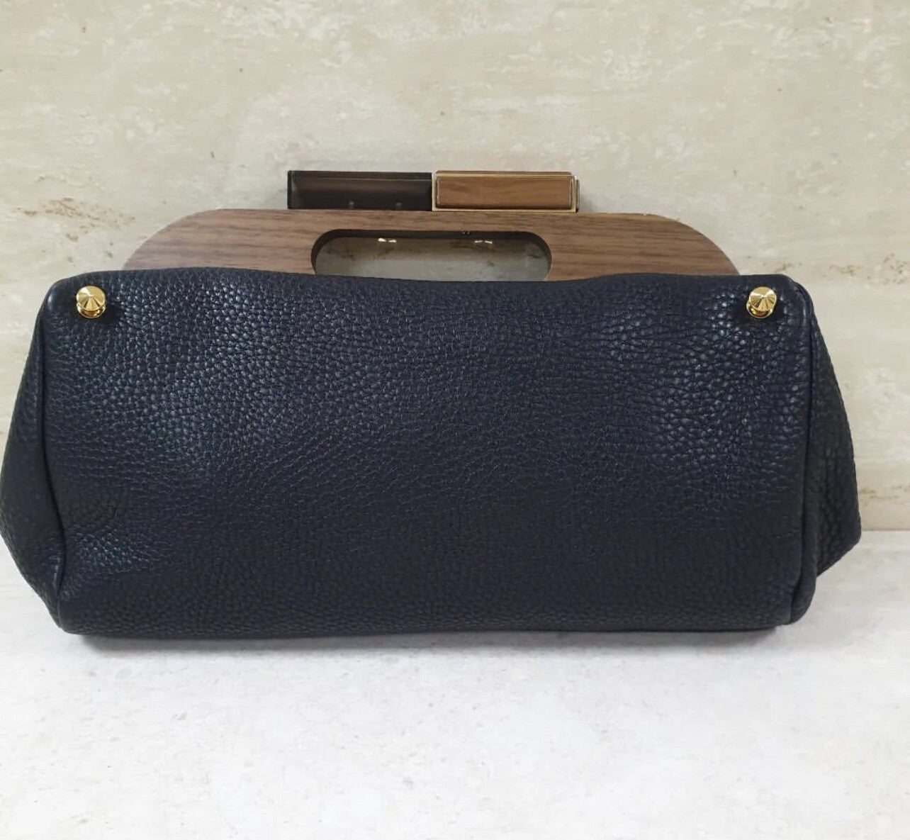 Fendi Black Leather Walnut Wood Handle Clutch Bag
