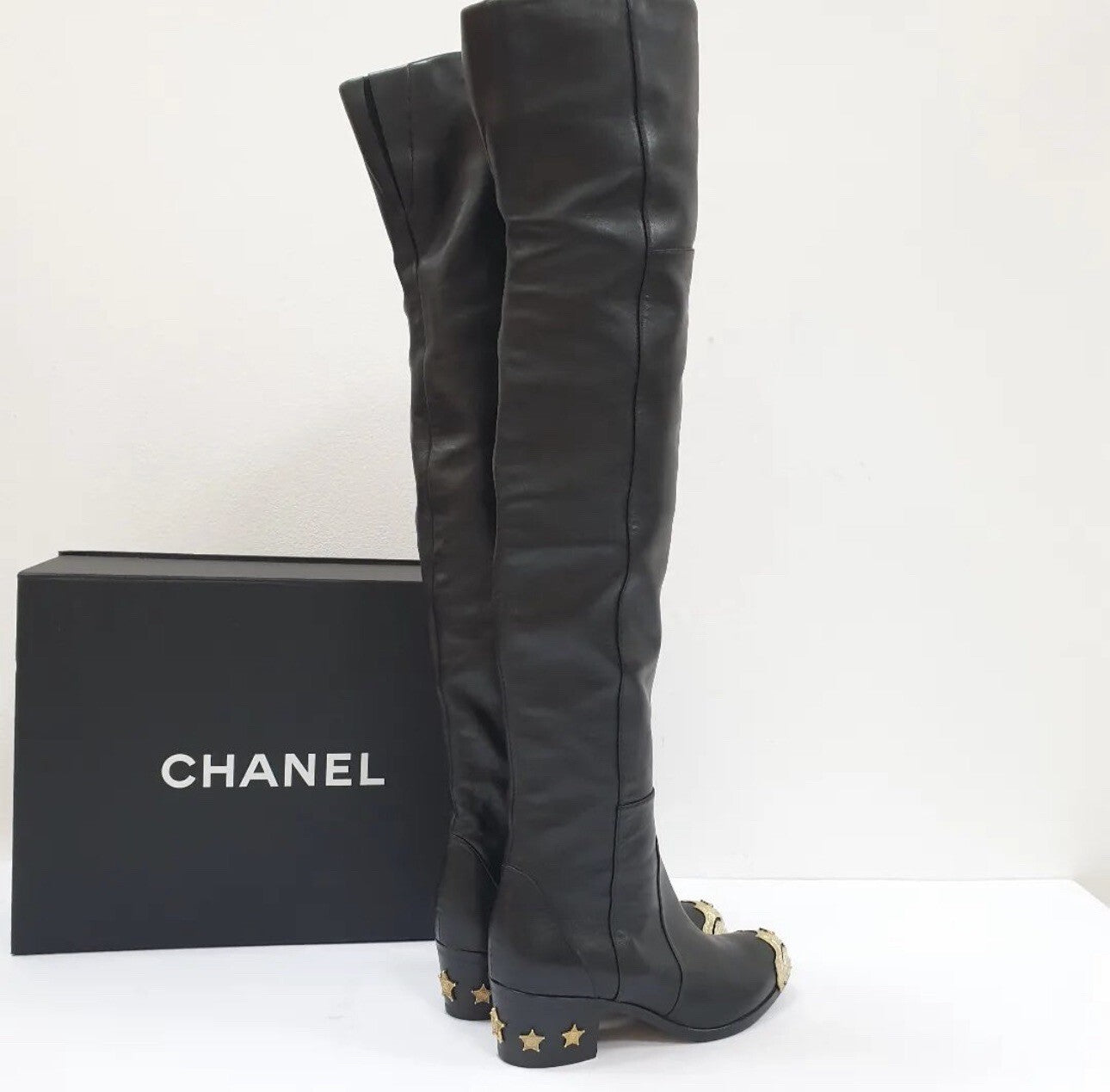 Chanel Black Leather Paris Dallas Metal Cap Toe Thigh High Boots/Bootie Sz. 36.5