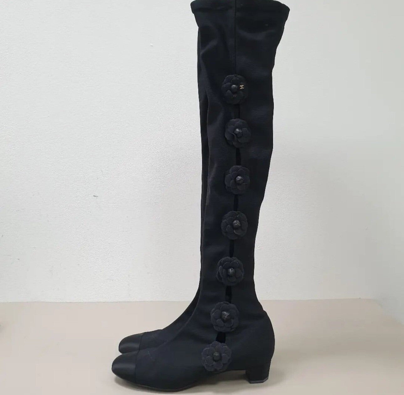 Chanel Black Textile Camellia  Over The Knee Sokcks Boots  Sz. 38,5
