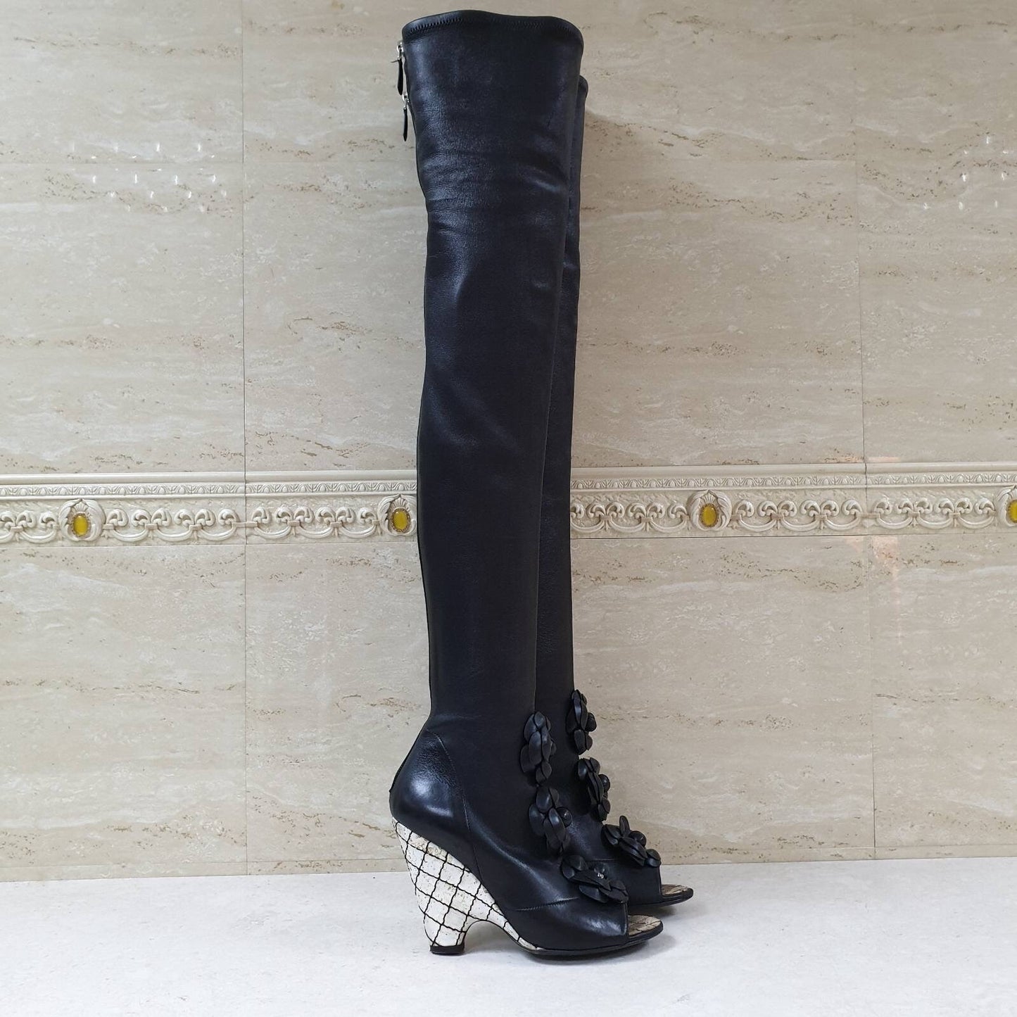 Chanel Black Leather Camellia Wedge Over The Knee Boots  Sz. 37