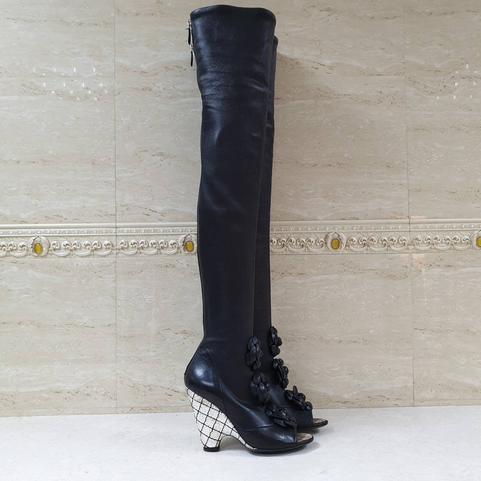 Chanel Black Leather Camellia Wedge Over The Knee Boots  Sz. 37