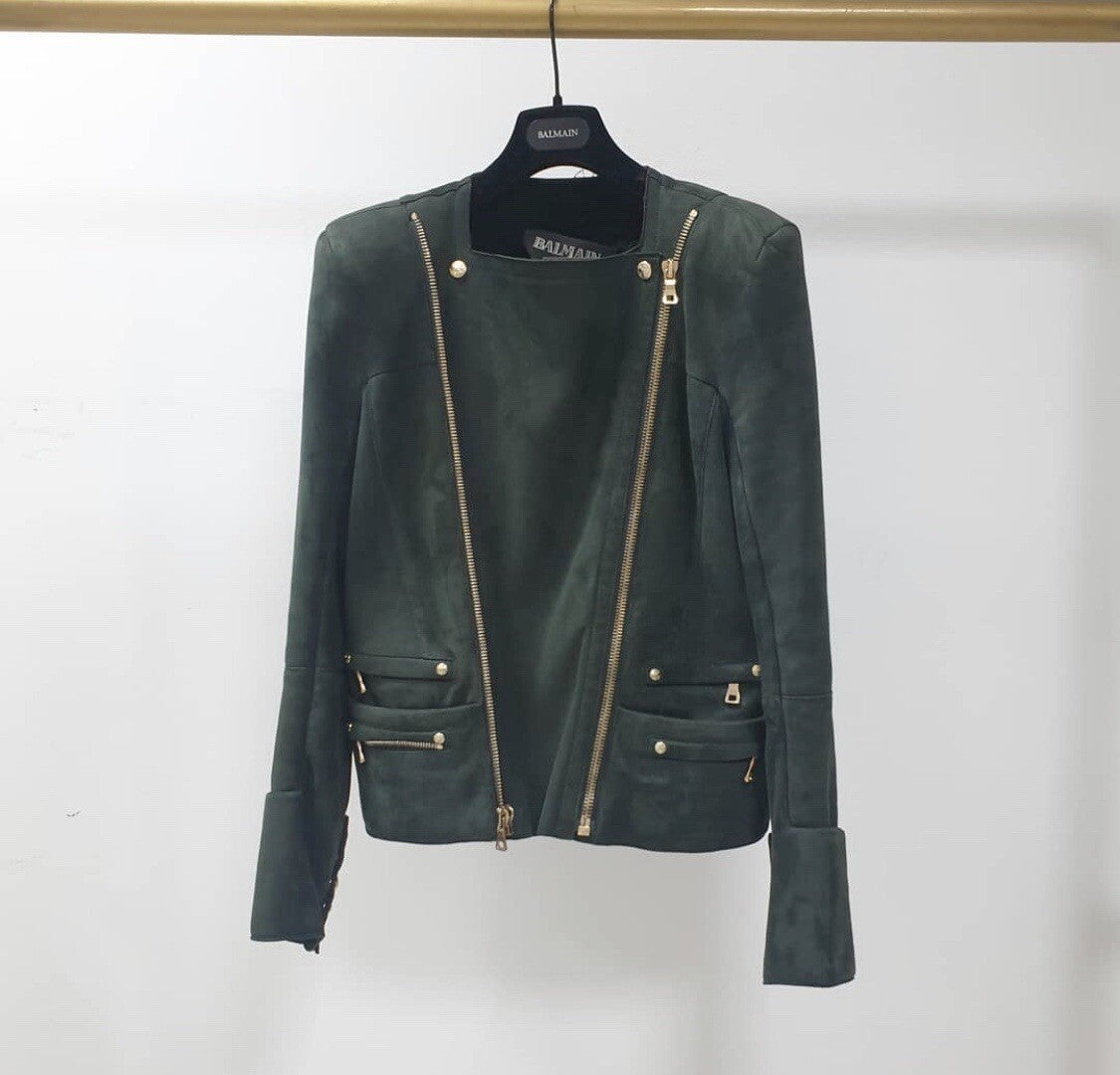 Balmain Green Women's Shearling Biker Style Jacket Jacket Sz.38