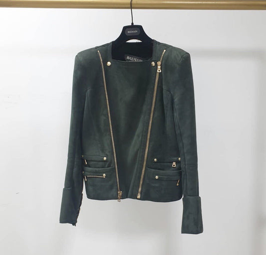 Balmain Green Women's Shearling Biker Style Jacket Jacket Sz.38