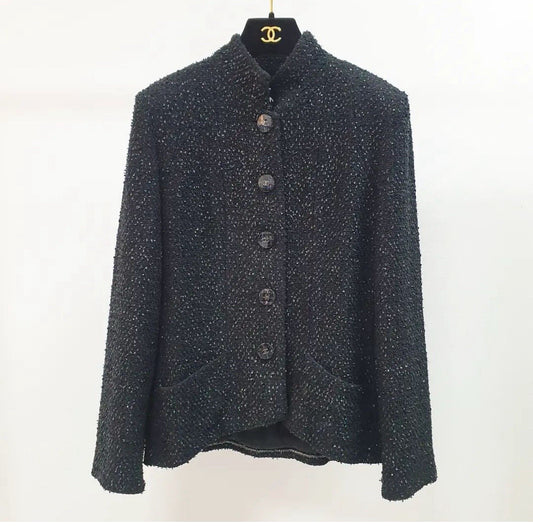 CHANEL 19P BLACK METALLIC CC LOGO BUTTON BLAZER JACKET  Sz.36