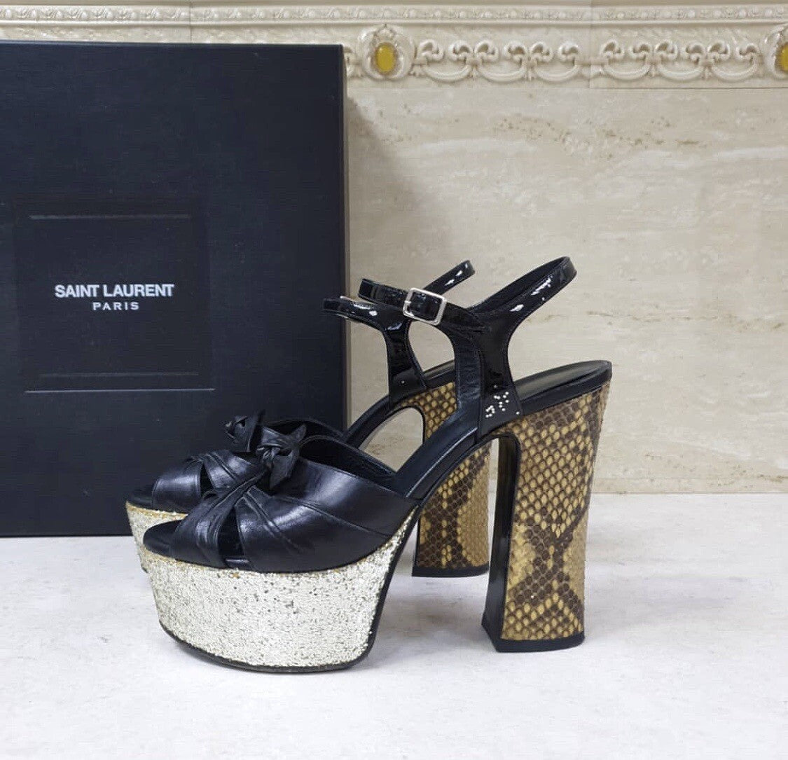 Saint Laurent Black Leather Python Heeled Platform Sandals Sz.36