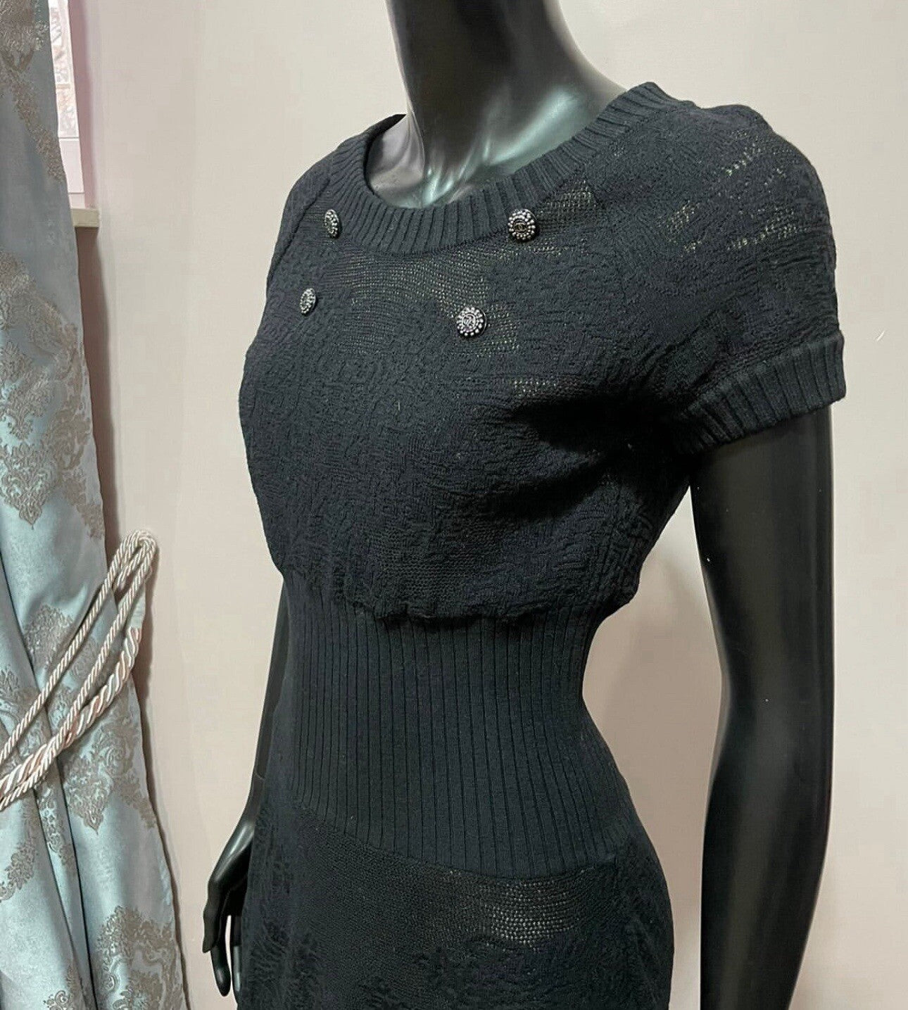 Chanel Black Knit Short Sleeve CC Button Mini Dress Sz.40