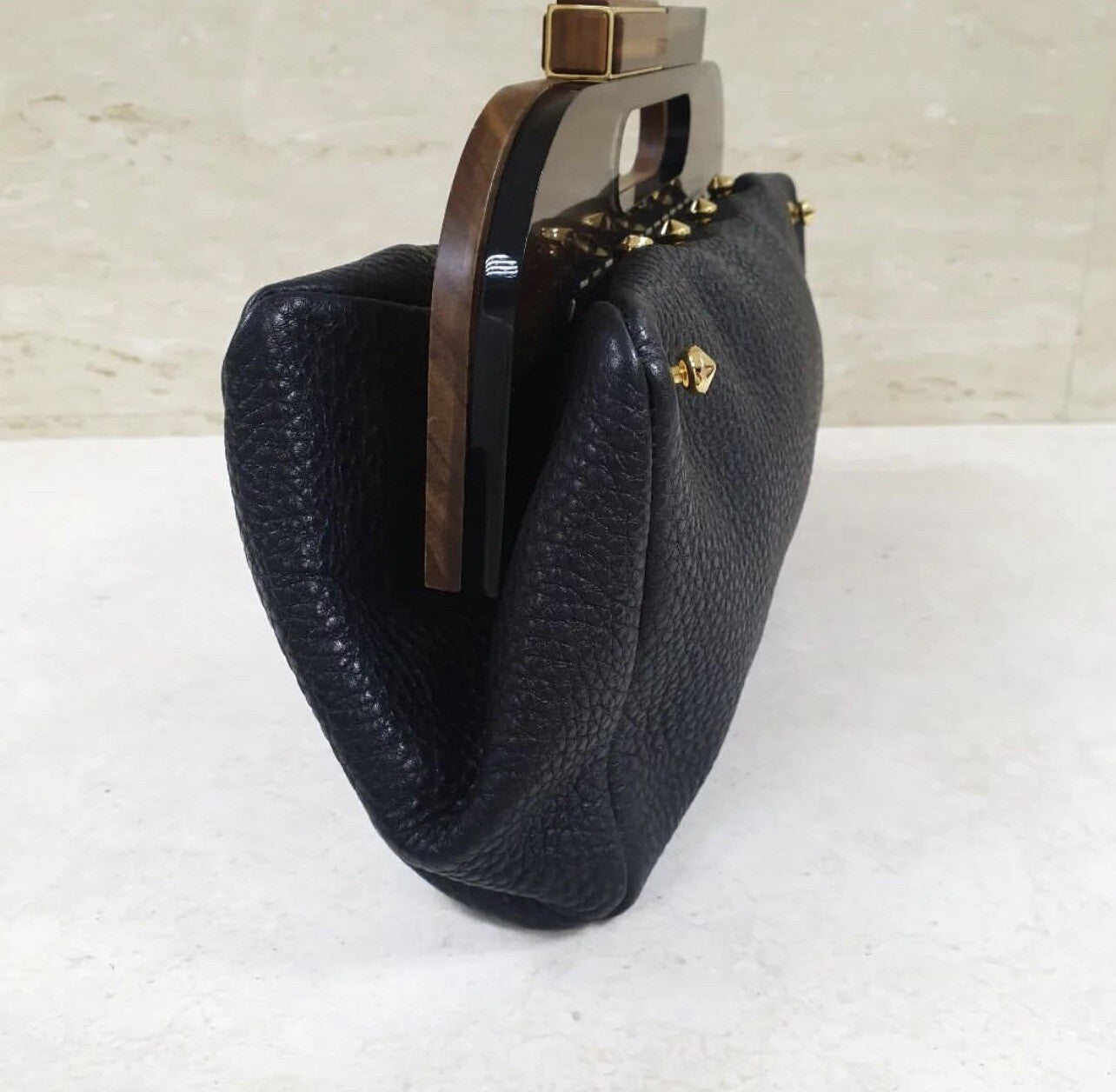 Fendi Black Leather Walnut Wood Handle Clutch Bag