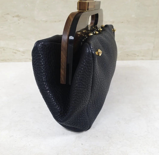 Fendi Black Leather Walnut Wood Handle Clutch Bag
