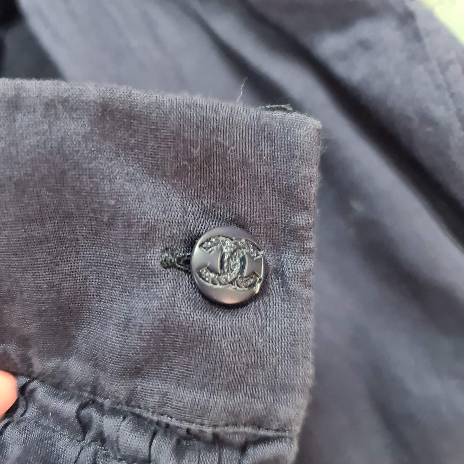 CHANEL Navy Blue Cotton Waist 2 Cc Logo Buttons Blouse Top Sz.36
