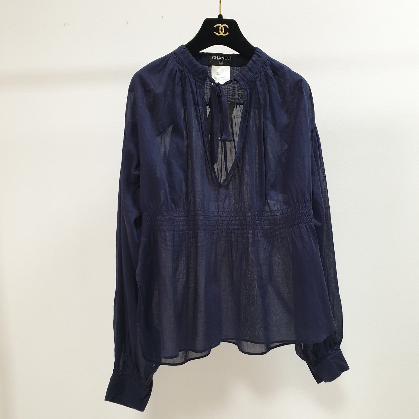 CHANEL Navy Blue Cotton Waist 2 Cc Logo Buttons Blouse Top Sz.36