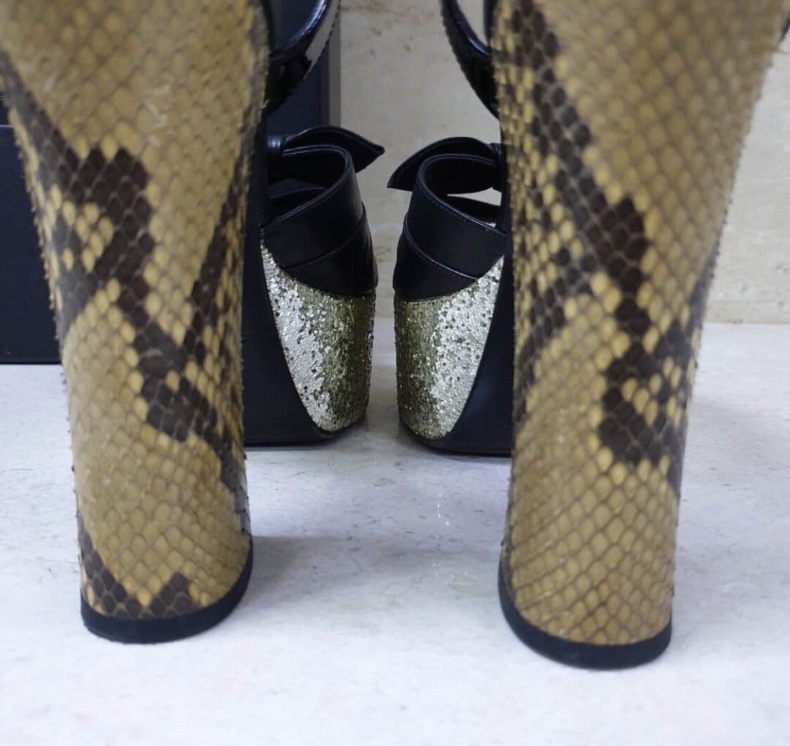 Saint Laurent Black Leather Python Heeled Platform Sandals Sz.36