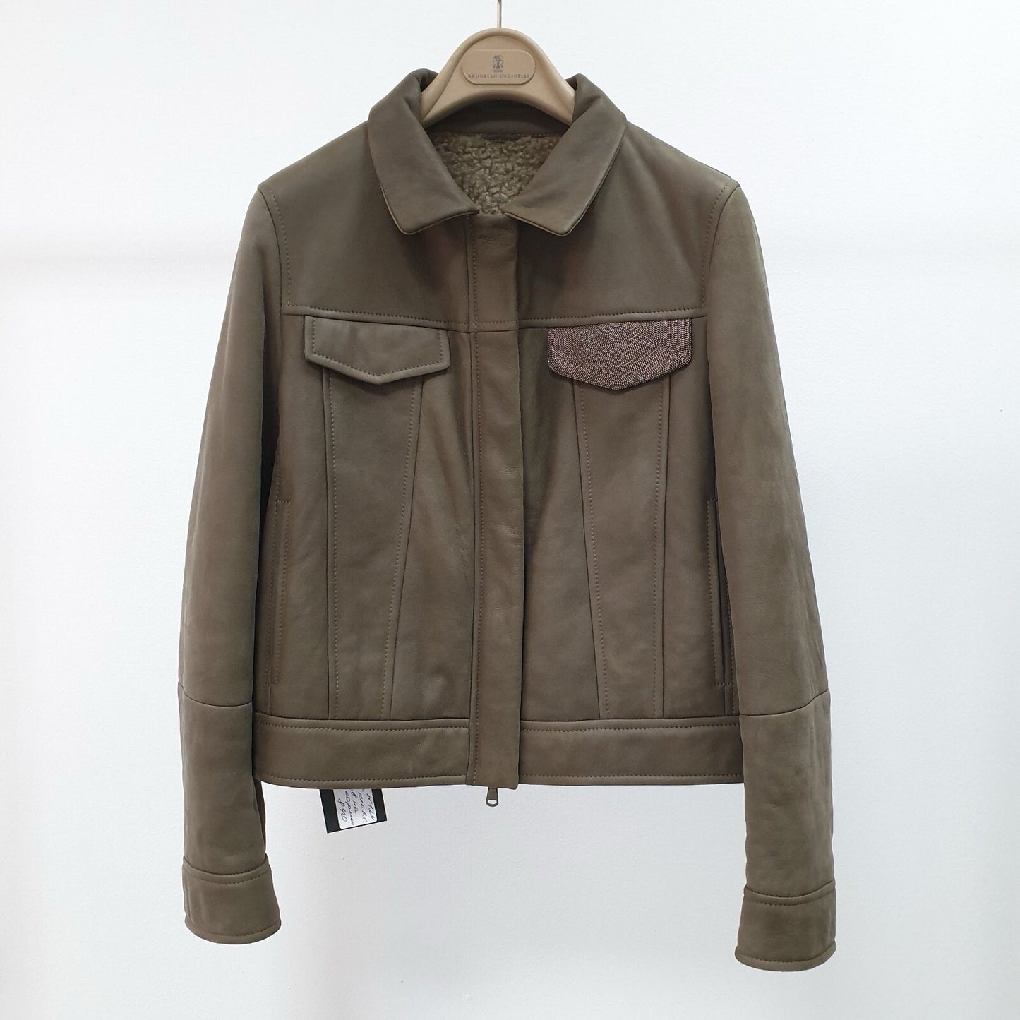 Brunello Cucinelli  Brown Grey Shearling Leather Jacket Sz.38