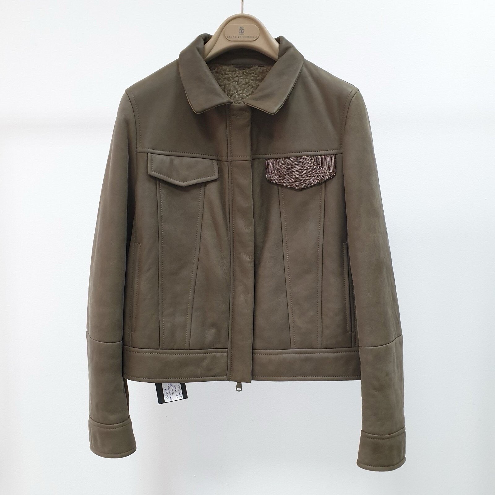 Brunello Cucinelli  Brown Grey Shearling Leather Jacket Sz.38